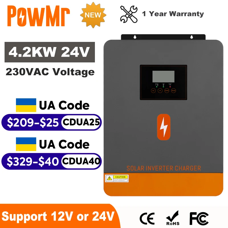 อินเวอร์เตอร์พลังงานแสงอาทิตย์ไฮบริด PowMr 4.2KW 24V 220V แบบออฟกริด อินเวอร์เตอร์คลื่นไซน์บริสุทธิ์ รองรับการใช้งานแบบออฟกริด พร้อมพอร์ตเอาต์พุตคู่ในตัว รองรับ WIFI พร้อมระบบชาร์จพลังงานแสงอาทิตย์ MPPT 100A 1