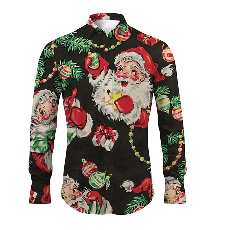 Christmas Santa Claus 2024 Men's Fashion Casual Party Lapel Long Sleeve Printed Versatile Plus Size Shirt earrings christmas santa claus beading earrings in multicolor size one size