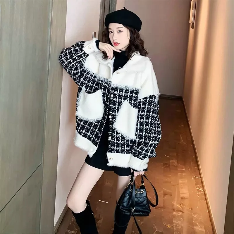 2022 New Autumn and Winter All-match High Street Small Fragrance Imitation Mink Plush Tweed Ladies Short Coat Spring and Autumn