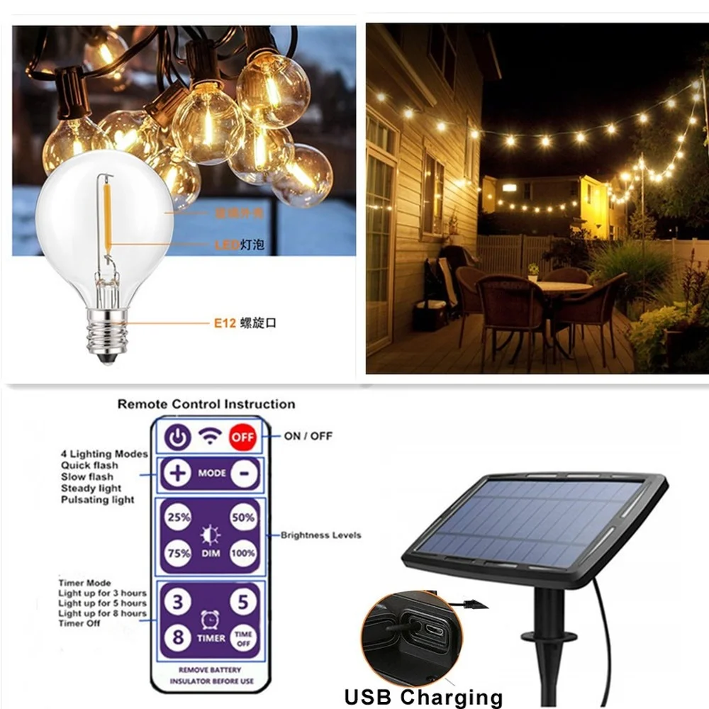 Solar Led Light Garland Outdoor G40 Shatterproof Bulbs Luces Led USB Fairy  Lights For Garden Street Wedding Decor Dimming Remote - AliExpress