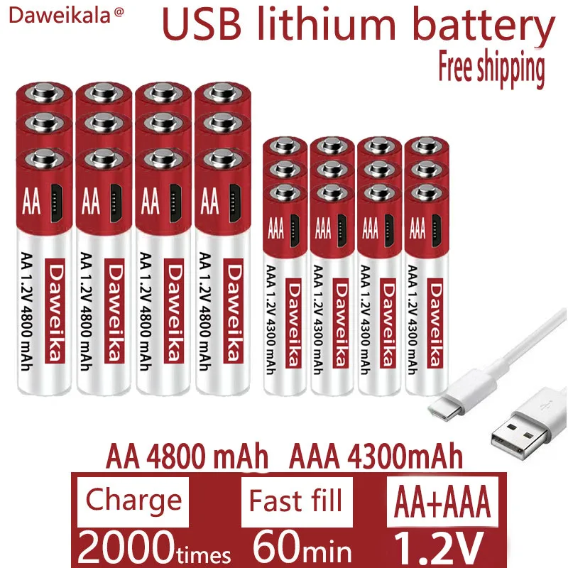 Rechargeable Lithium Batteries AA AAA USB Charging 1.2V 4800mAh For Remote Control Mouse Toy