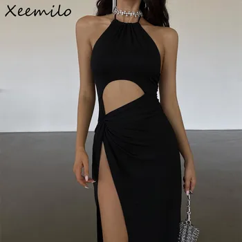Xeemilo Sexy Prom Party Black Long Dress Elegant Waist Hollow Out High Split Summer Dresses Fashion Backless Lace Up Women Robe 1