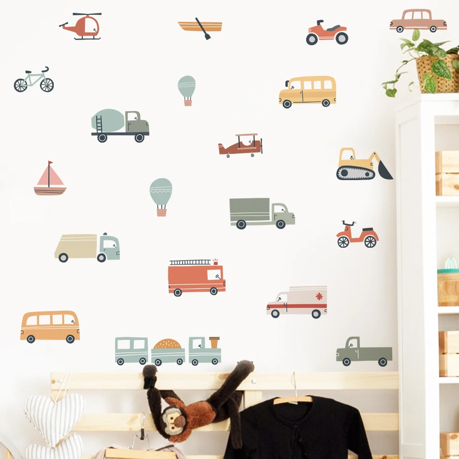 Wall Stickers Hand Drawn Watercolor Cartoon Vehicles Car Bus Wall Stickers For Kids Room Boys Room Nursery Decoration