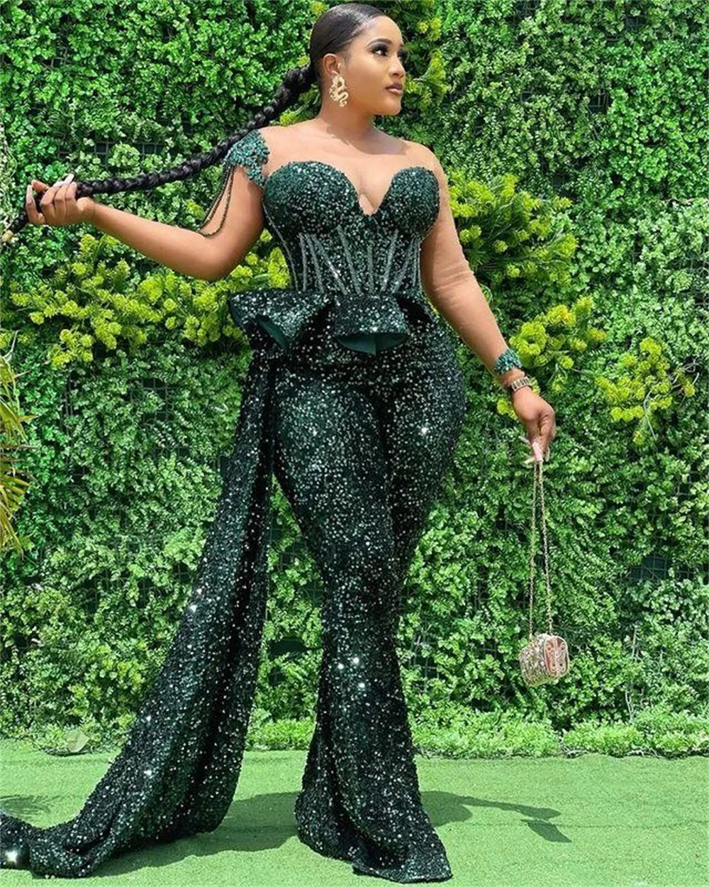 Hunter Green Jumpsuit Evening Dresses Sheer Neck Luxury Sequin Plus Size Formal Prom Gowns Robe De Mariée Custom Made long gown Evening Dresses