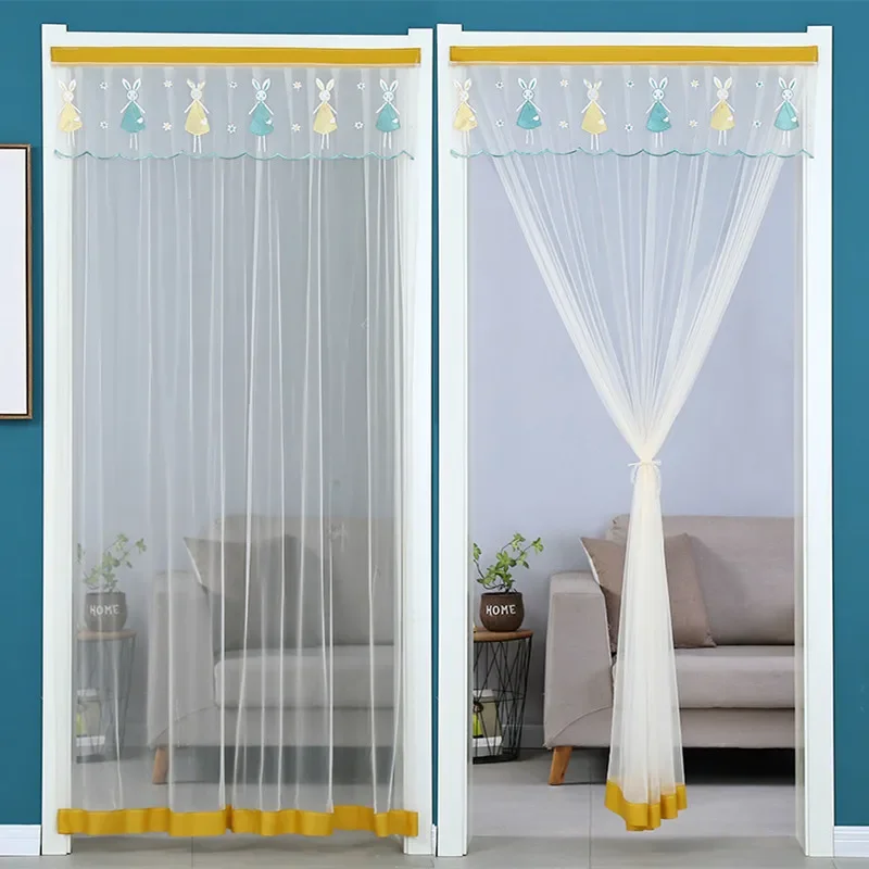 Breathable Lace Embroidered Door Curtain, Punch-free Mosquito Screen Curtain, Bedroom Partition Curtain, Single Layer, 1Pc
