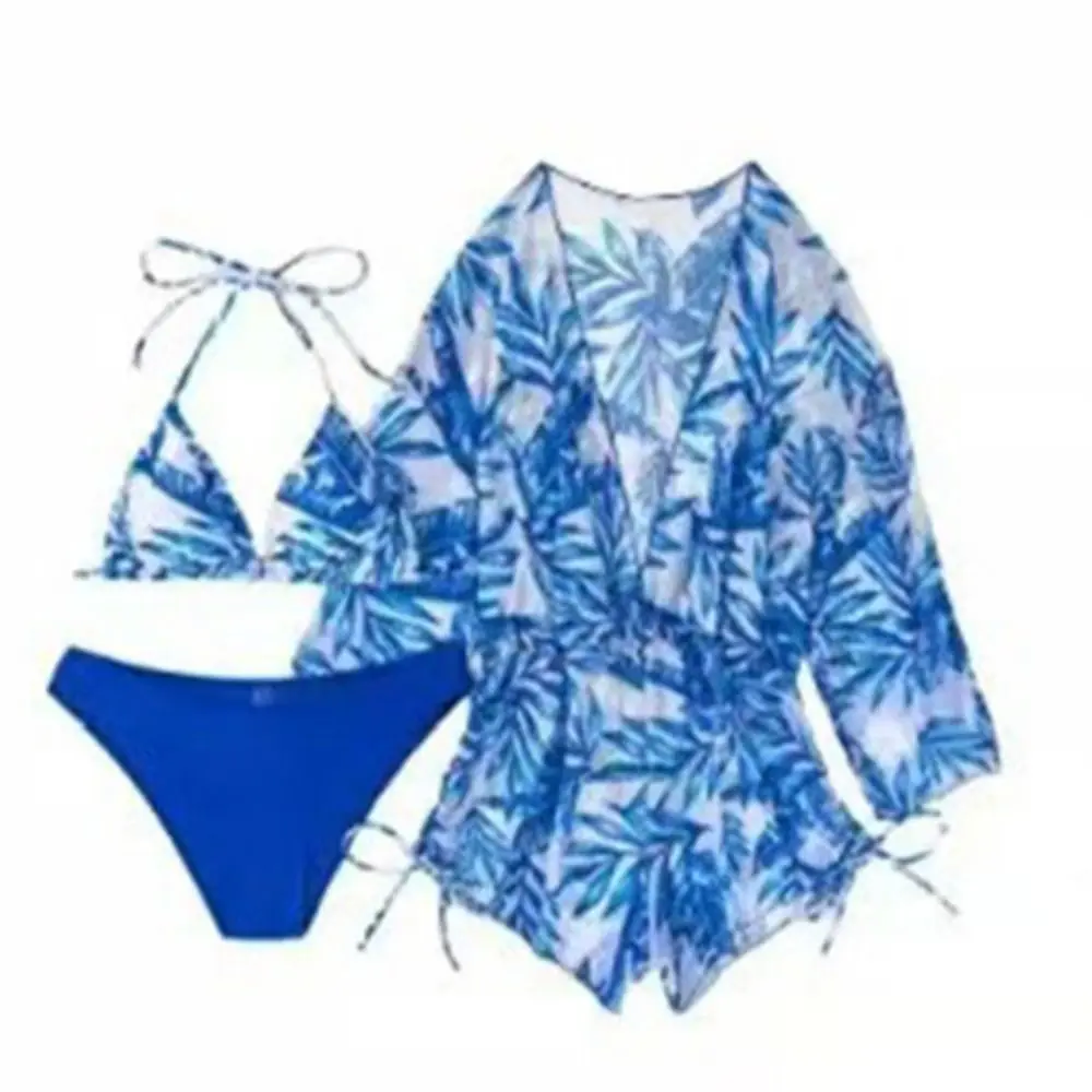 Halter Neck Strap Bikini Sets Print Drawstring Side Long Sleeve Bathing Suit Push-up Bra 3 Pieces Set 3 Pieces Halter Bikini