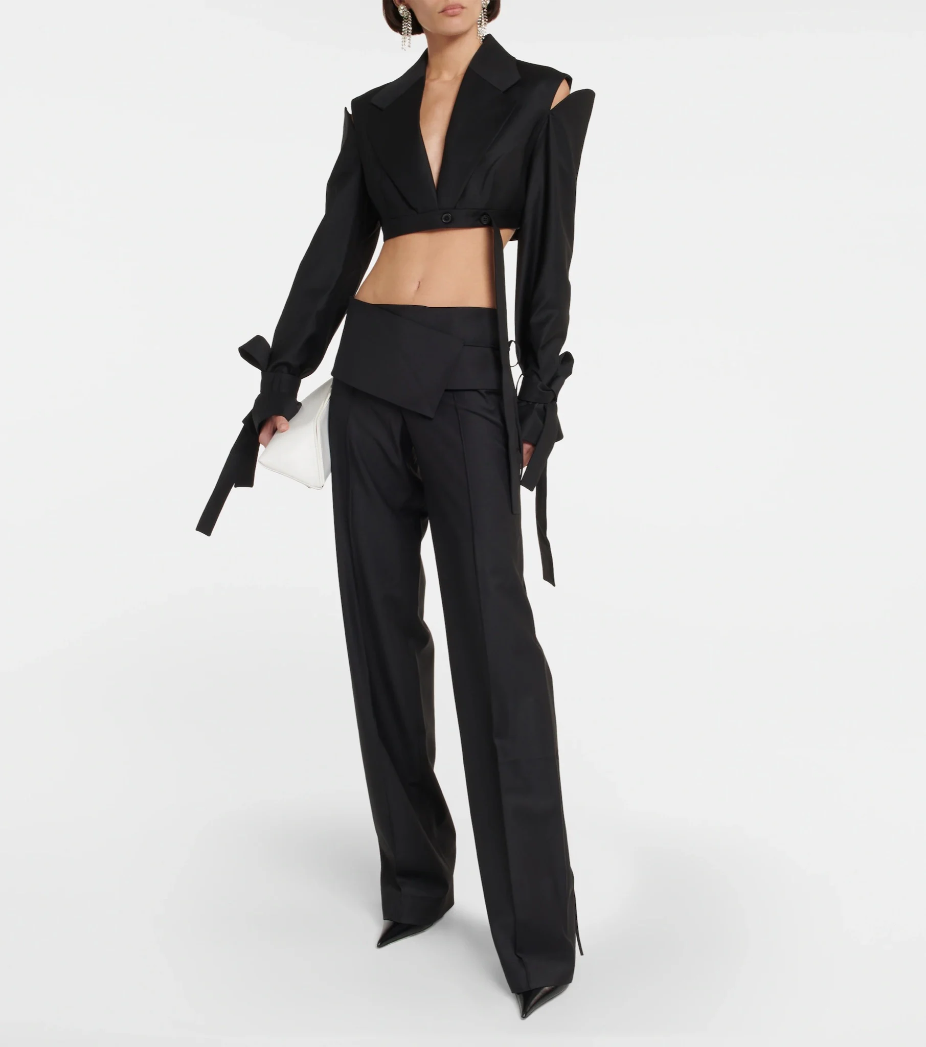 

Women Suit 2024 New Wool Design Sense Strapless Long-sleeved Tie Short Blazer Mid-high Waist Trousers Luxury Brand High Quality