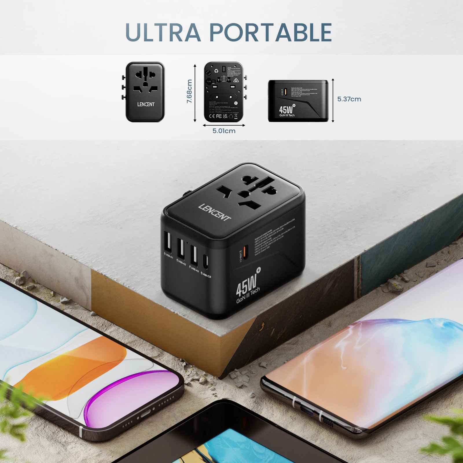 Adattatore Da Viaggio Universale GaN 45W – 4 Porte (3 USB-C + 1 USB-A), Compatibile Con Prese EU, UK, US E AU, Ricarica Rapida PD 3.0