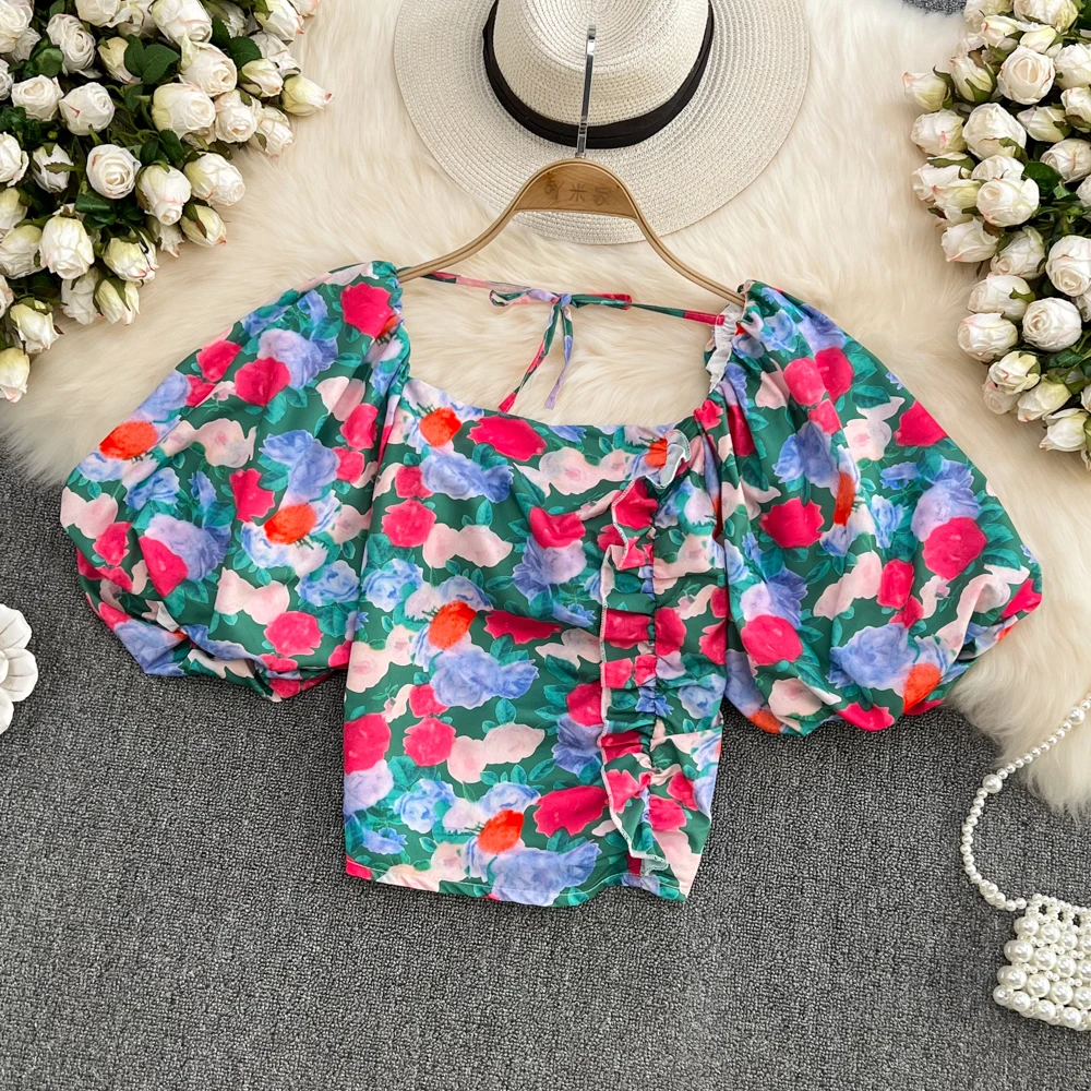 

Summer New French Retro Bubble Sleeve Square Collar Exposed Clavicle Broken Flower Chiffon Shirt Women's Exotic Short Top
