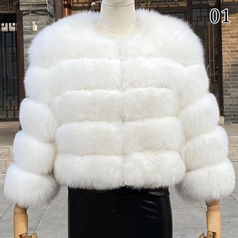 Women Faux Fur Crew Shaggy Jacket Collarless Winter Warm Cropped Top Long Sleeve Coat Horizontal Splicing Of Synthetic Fur S-5XL