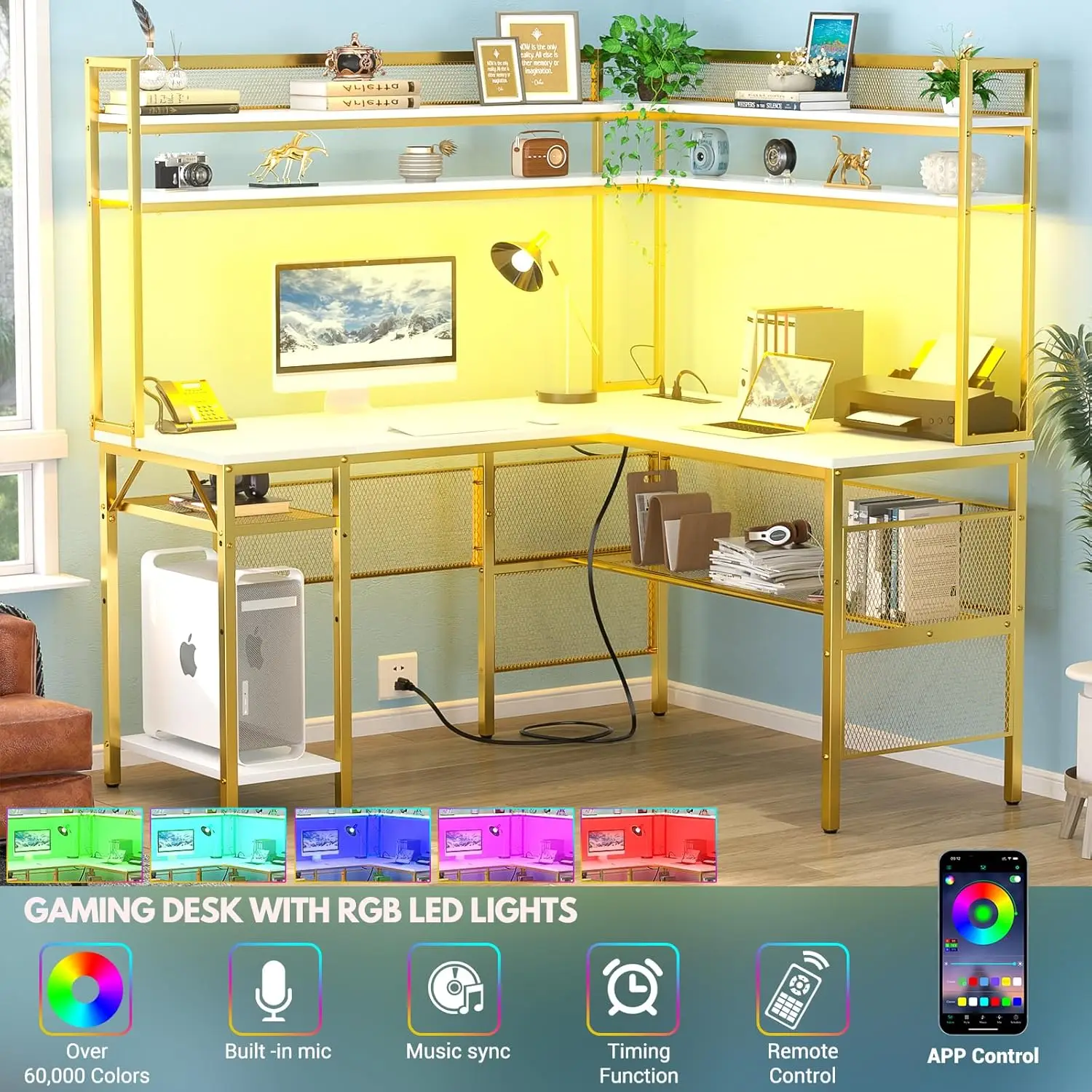 Unikito L Shaped Desk with Power Outlet, Reversible L-Shaped Corner Computer Desk with Storage Shelves & Monitor Stand, Gaming 4
