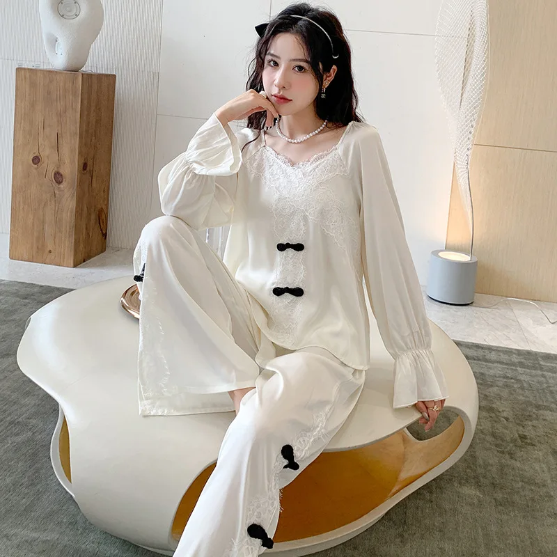 

Female Spring Pajamas Pour Femme O-Neck Nightgown Home Clothes Lace Trim Sleepwear With Bowknot Pyjamas Button-down Loungewear