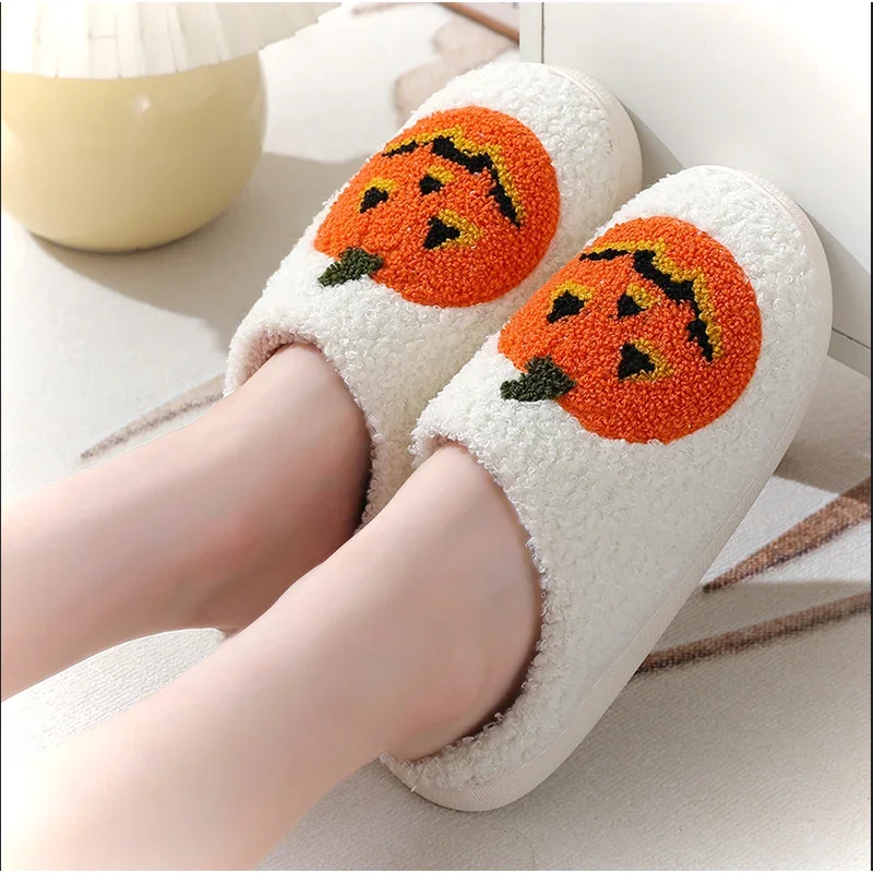 

Halloween Pumpkin Cotton Slippers Cartoon Warm Winter Heels Fur Thick Sole Home Indoor Outside Boy Y2k Girls Couple Models Home