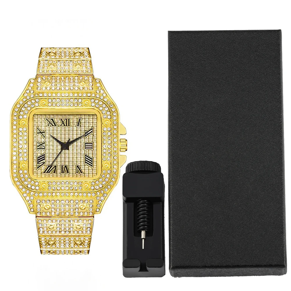 Hip-hop Punk Quartz Watch Stylish Full Diamonds Watch 2 Styles to Choose Bundled Size Adjuster Men Women Party Jewelry Gift Box 3