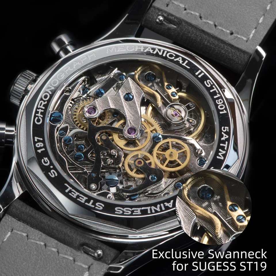 Sugess Reloj Cronógrafo Mecánico Con Cuello De Cisne Dorado De 40 Mm, Malla Milan, Panda Blanco, Cronógrafo, Gaviota 1963 SUPANK031SN, Plata, 40mm, Pulsera