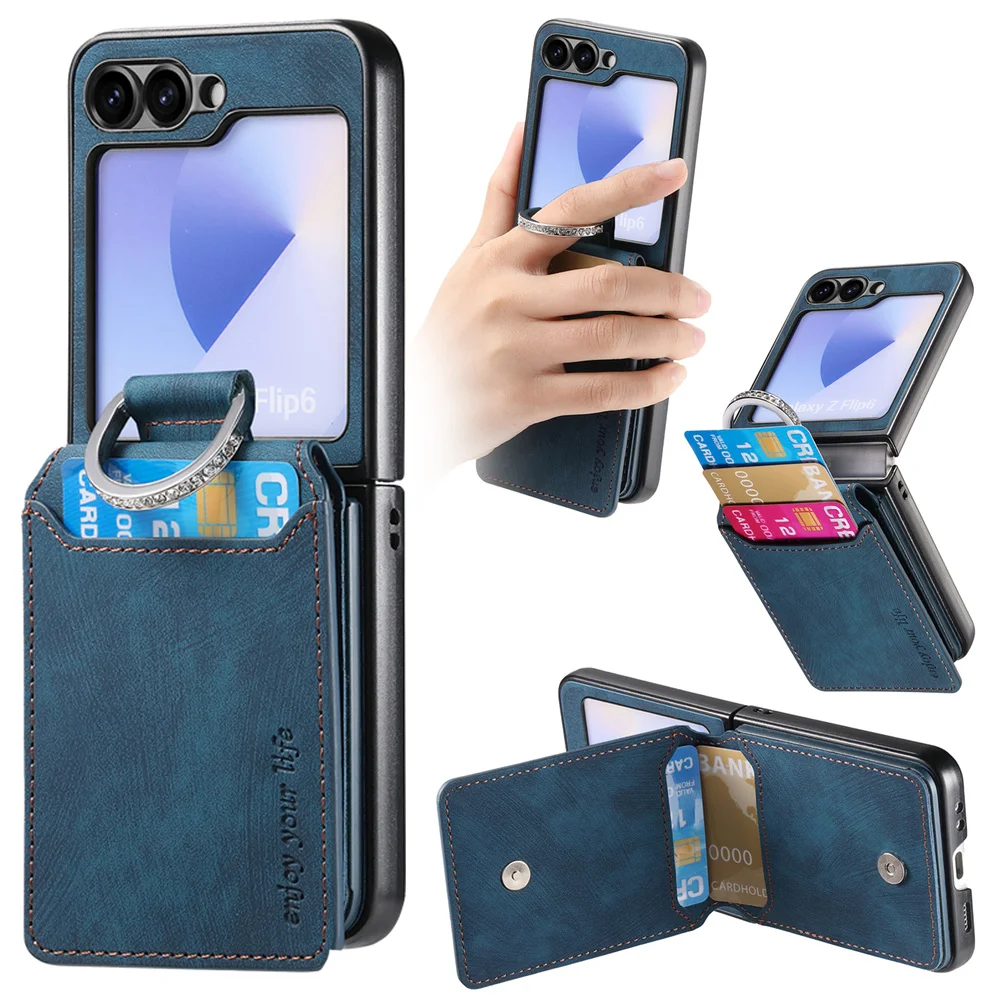 Vintage Leather Flip Phone Case with Ring Bracket and Card Holder Wallet