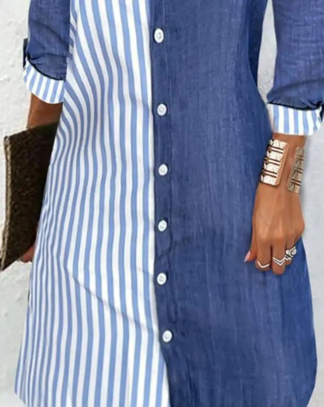 Womens Dresses 2023 Summer Fashion Striped Colorblock Buttoned Casual Turn-Down Collar Long Sleeve Daily Mini A Line Shirt Dress