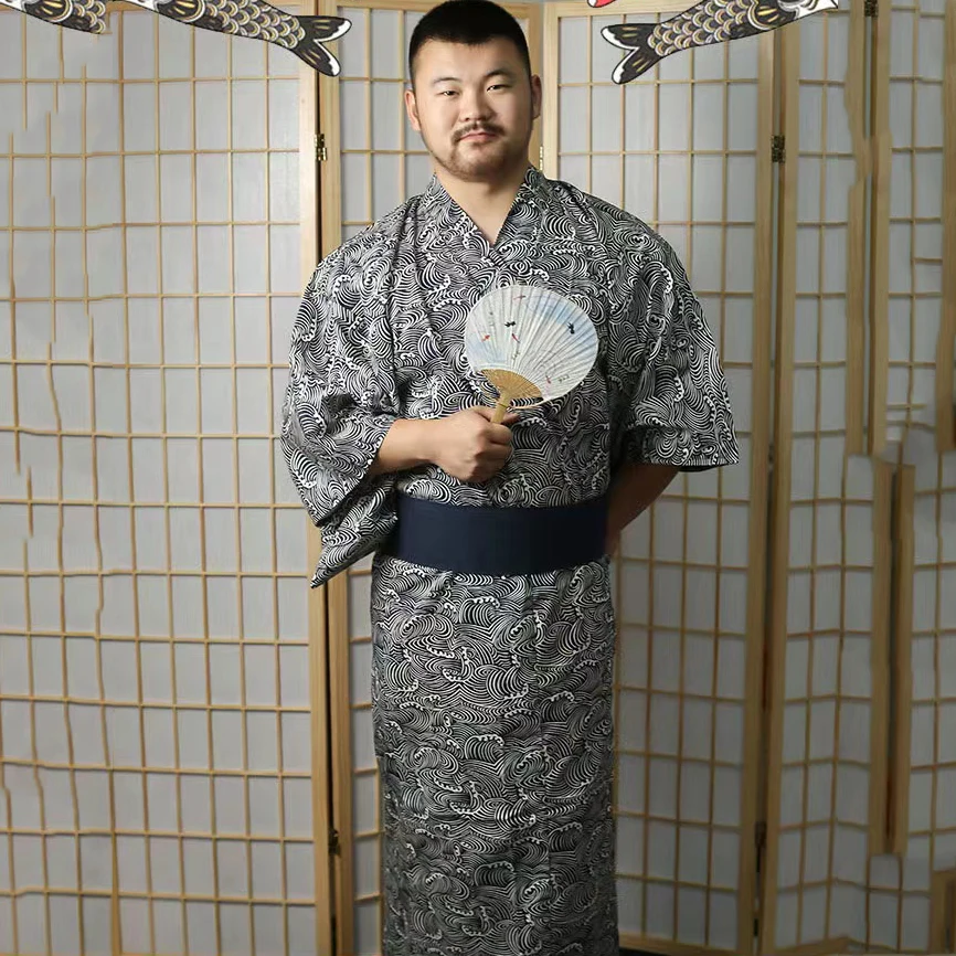 NEW Japanese Traditional Samurai Kimono For Man Retro Yukata Bathing Robe Hekoobi Loose Sauna Wear Homewear Belt Long Gown