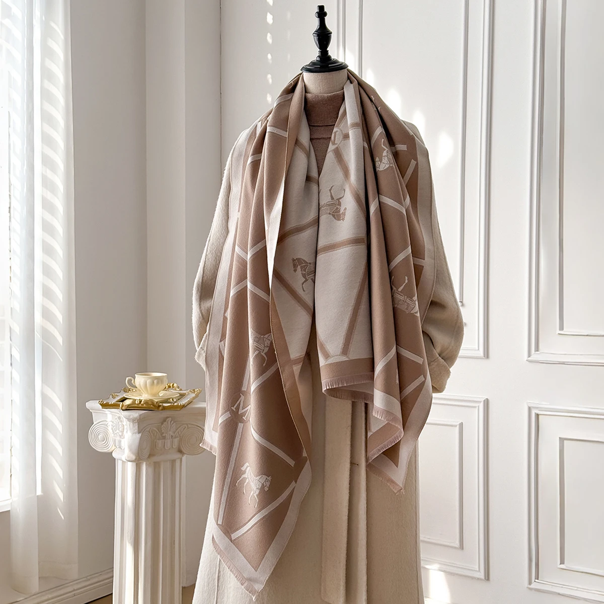 2025 Brand Elegant Geometric Print Faux Pashmina Shawl - Soft Warm Fringed, Ideal for Autumn & Winter Outdoor