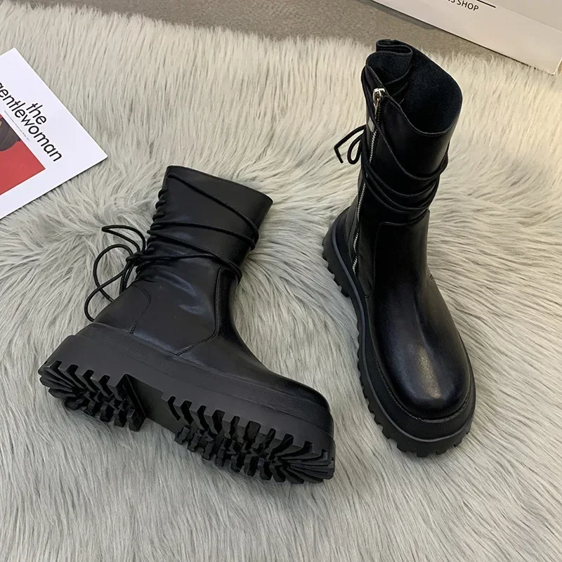

2023 Soft leather thick soled women's boots New short boots Women's shoes Side zipper riding boots Back lace up middle boots