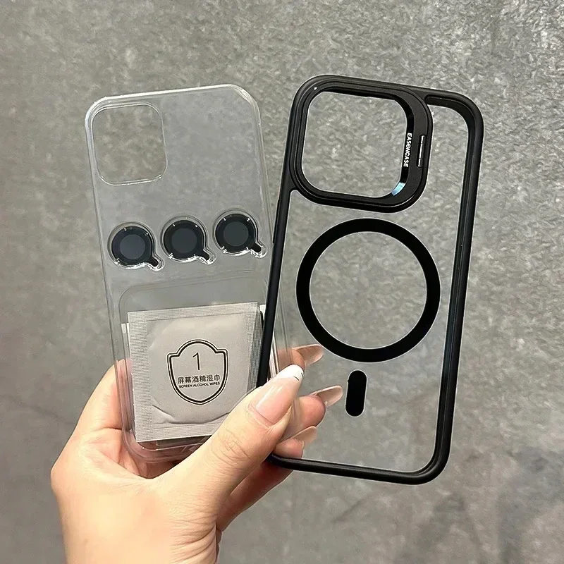 MagSafe Magnetic Lens Protection Phone Case with Transparent Camera Glass and Metal Ring Cover