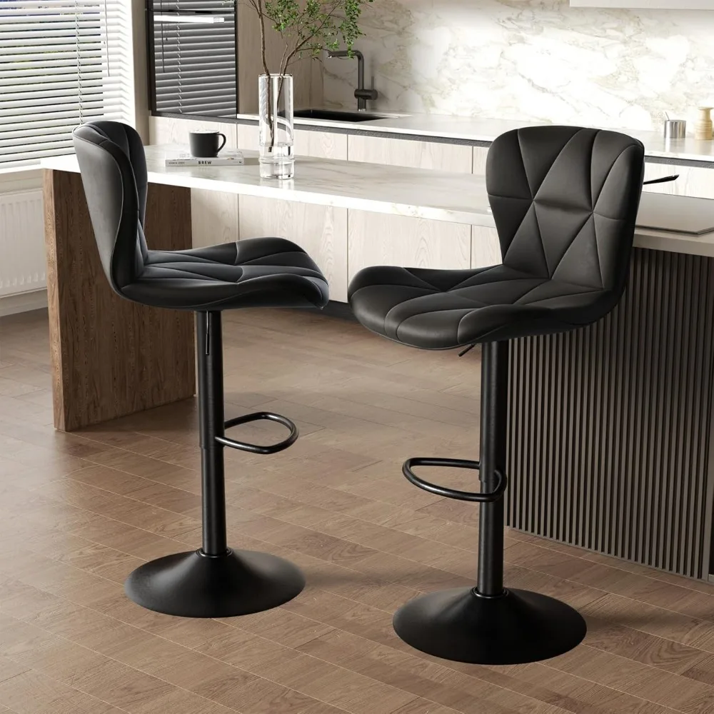 Modern Bar Stool Set of 2, Adjustable Faux Leather Upholstered Swivel Counter Stools, Counter Height Barstools with Back