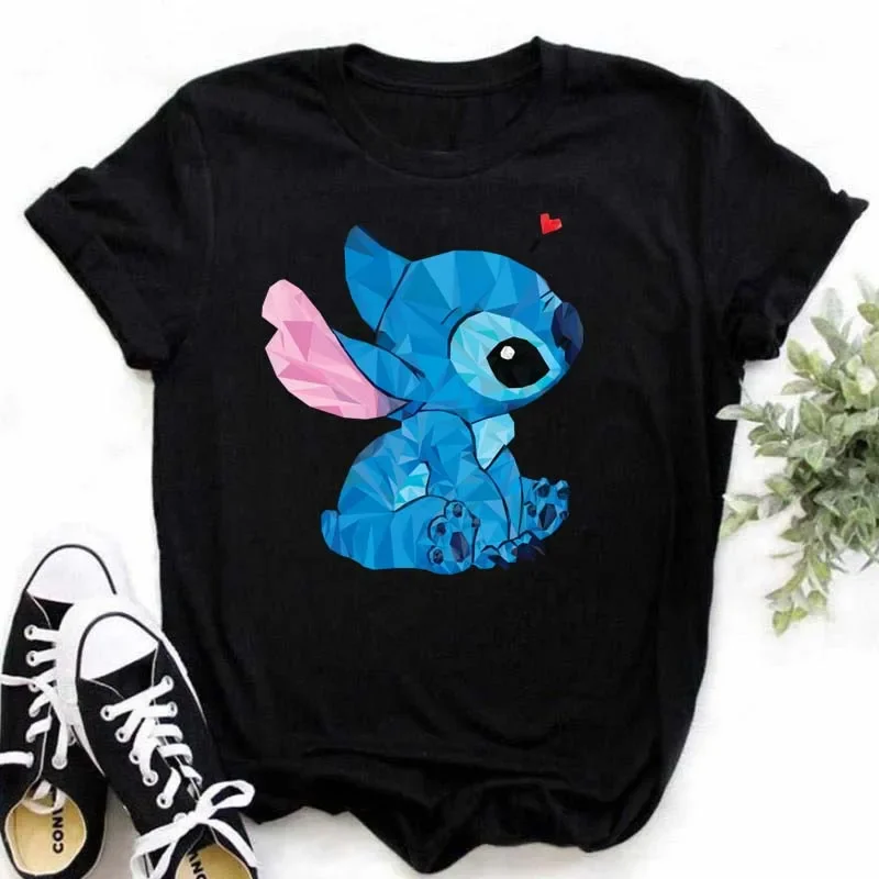 Disney Lilo Stitch Cartoon T-shirts Tops for Women Lady Summer Female T-shirts Black O-neck Ohana Stitch Hot Tees T-shirts 2