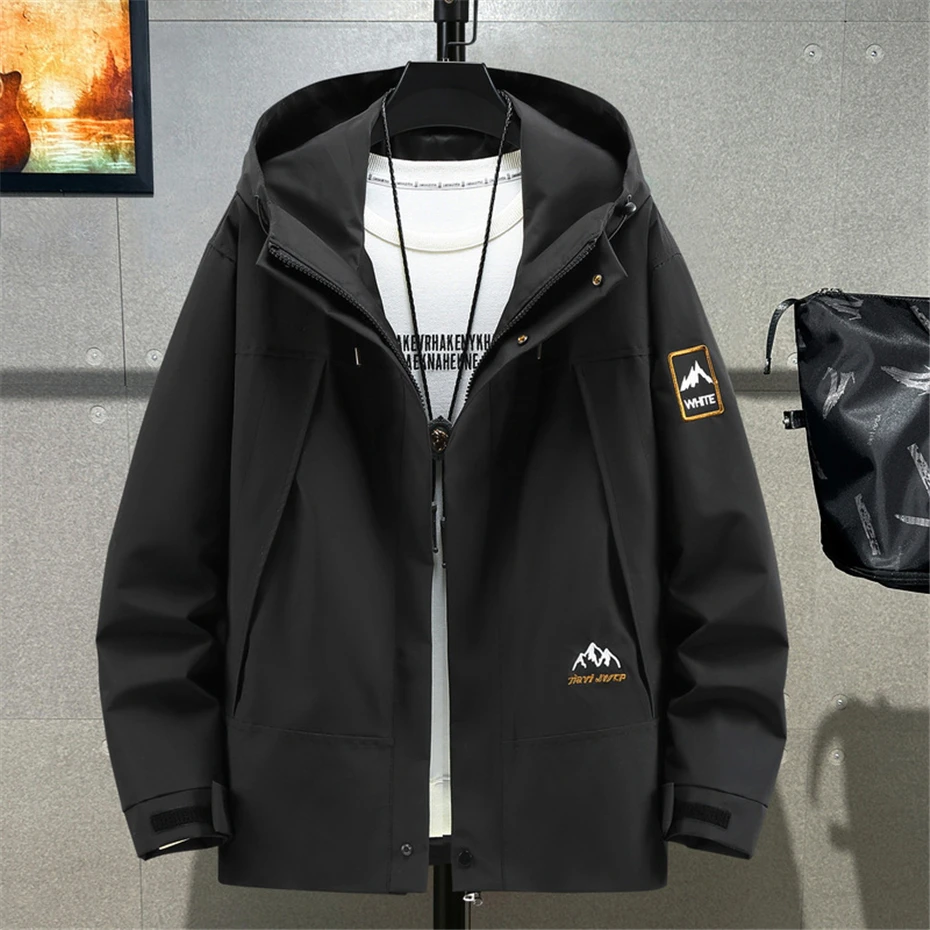 Black Waterproof Windbreak Cargo Jackets Plus Size 12XL Fashion Casual Solid Color Camp Jackets Big Size 12XL Coats Male 2