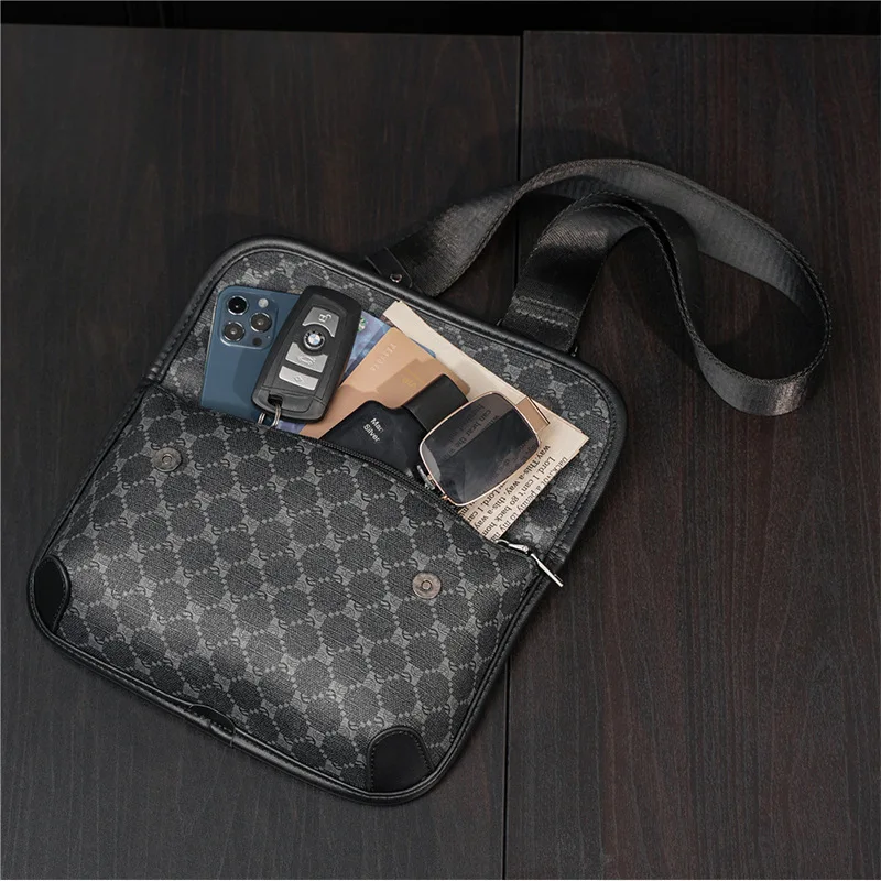 Luxury Plaid Crossbody Bag Men Brand Design PU Leather Shoulder