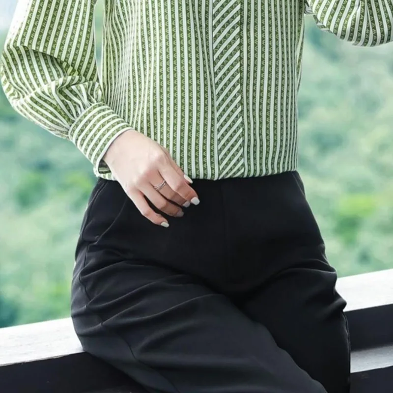 Women's Spring Autumn New Fashion Elegant Polo Collar Long Sleeved Striped Loose Shirt Casual Versatile Western Commuter Tops