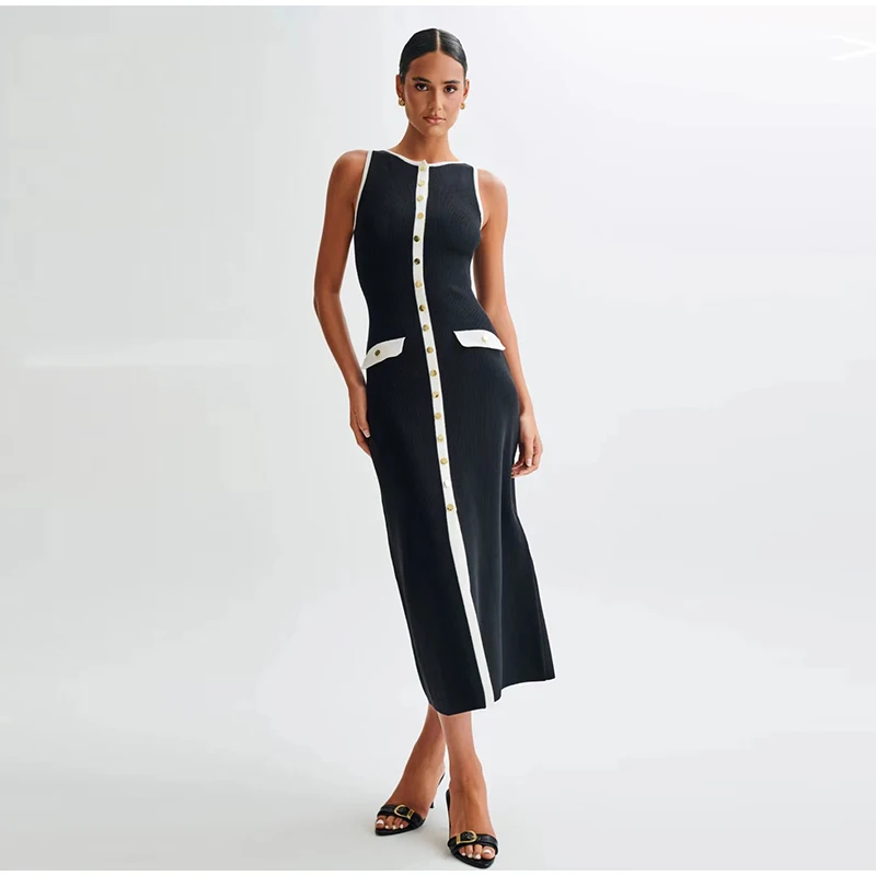 Elegant Single Breasted Knitted Maxi Dress Women Fashion O Neck Sleeveless Fake Pockets Dresses New Lady High Street Robes