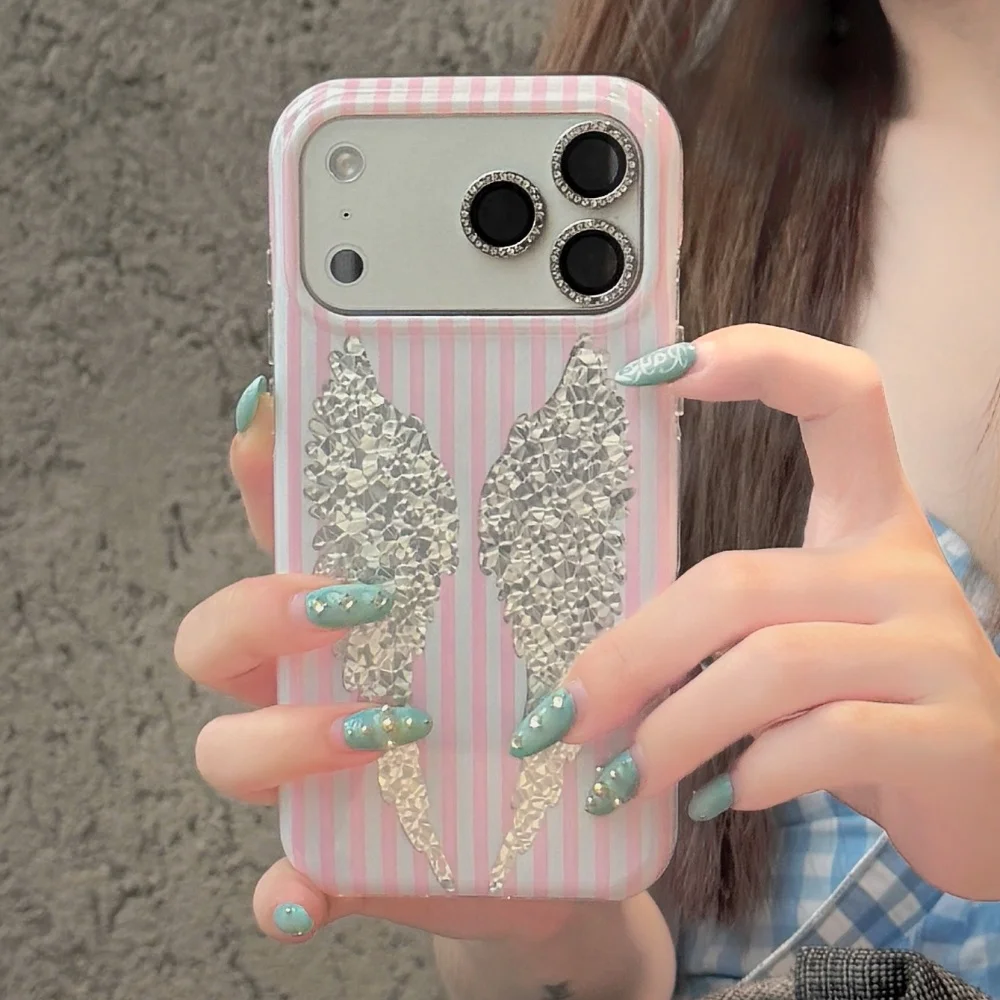 Luxury Pink White Thin Striped Phone Case with Glitter Rhinestone Angel Wing Design - Shockproof Back Cover