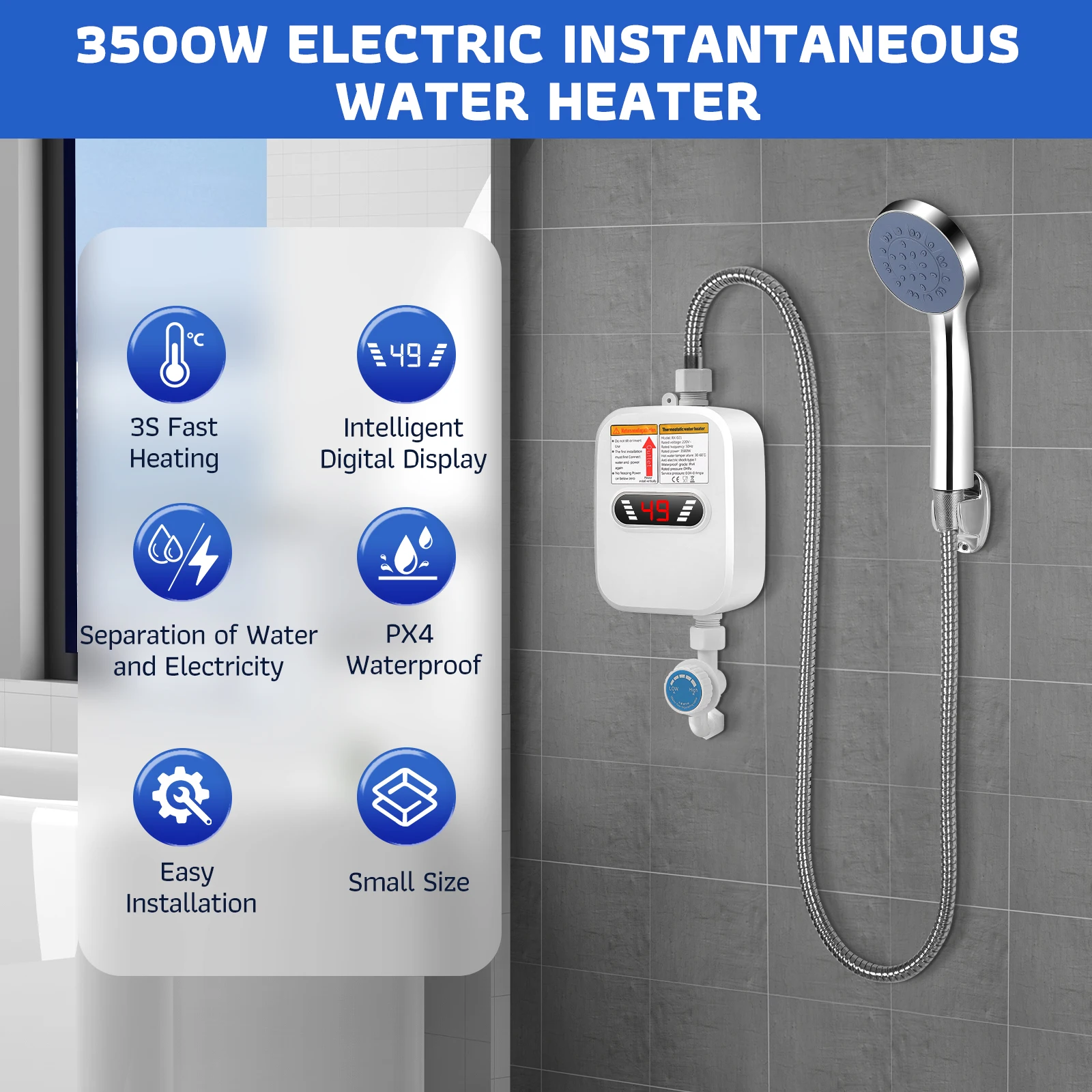 3500 W Electric Instantaneous Water Heater, 220V Mini Shower Water Heater Shower Head, Kitchen Tap Heater Temperature Display