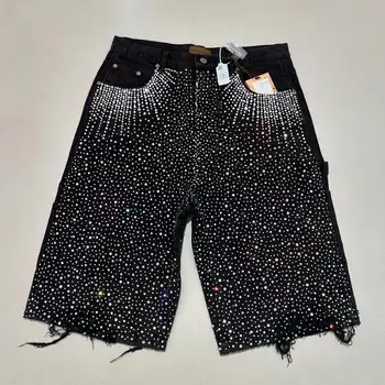 Streetwear Mens Vintage Rhinestone Sequin Denim Shorts Y2K Jeans Hip Hop Baggy Denim Gym Shorts Casual Basketball Shorts 1