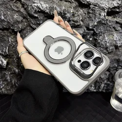 Magnetic Clear Case with Double Bracket & Lens Flip Holder Cover Featuring Alloy Lens Film for iPhone 15 Pro Max (GRAY)
