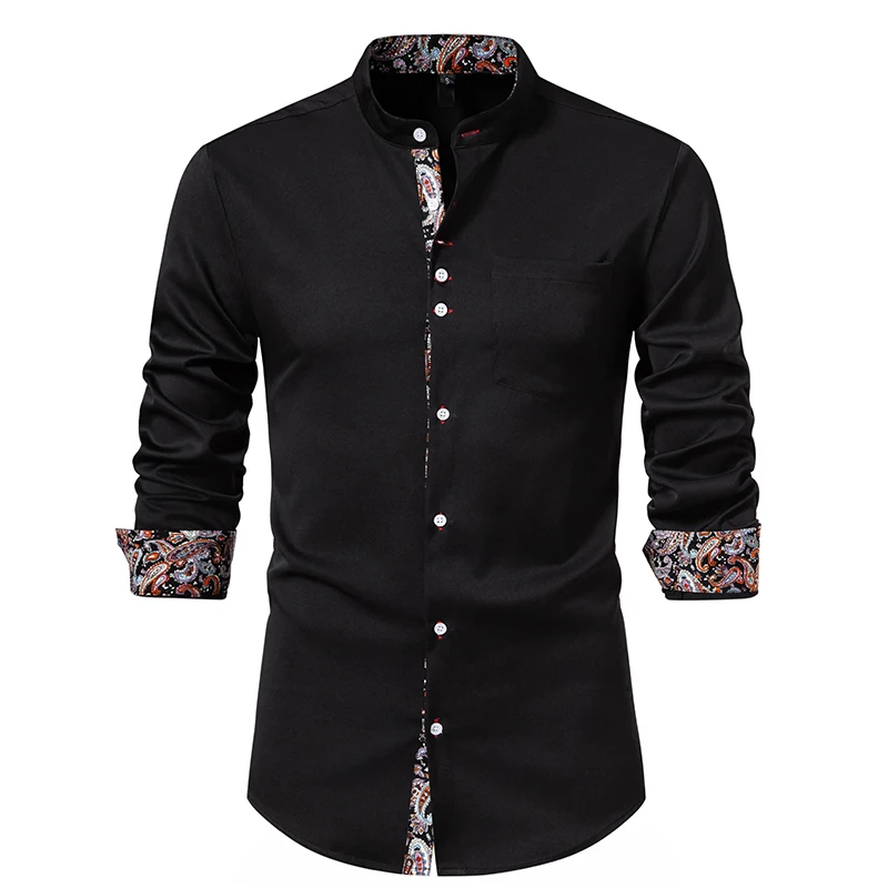 Spring Autumn Men's Long Sleeve Casual Print Shirt Ethnic Vintage Floral Shirt Fashion Stand-up Collar Shirt