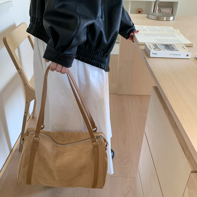 Suede Leather Casual Handbag Solid Color Versatile Shoulder Bag Large Capacity Elegant Boston Bag Travel Shopping Date Bag