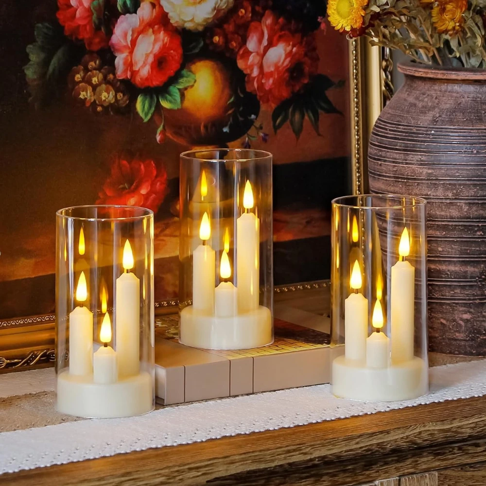 3 in 1 Flameless 5/8/10CM Taper Candles Battery Operated LED Acrylic Pillar Flickering LED Electronic Candles with Lampshade