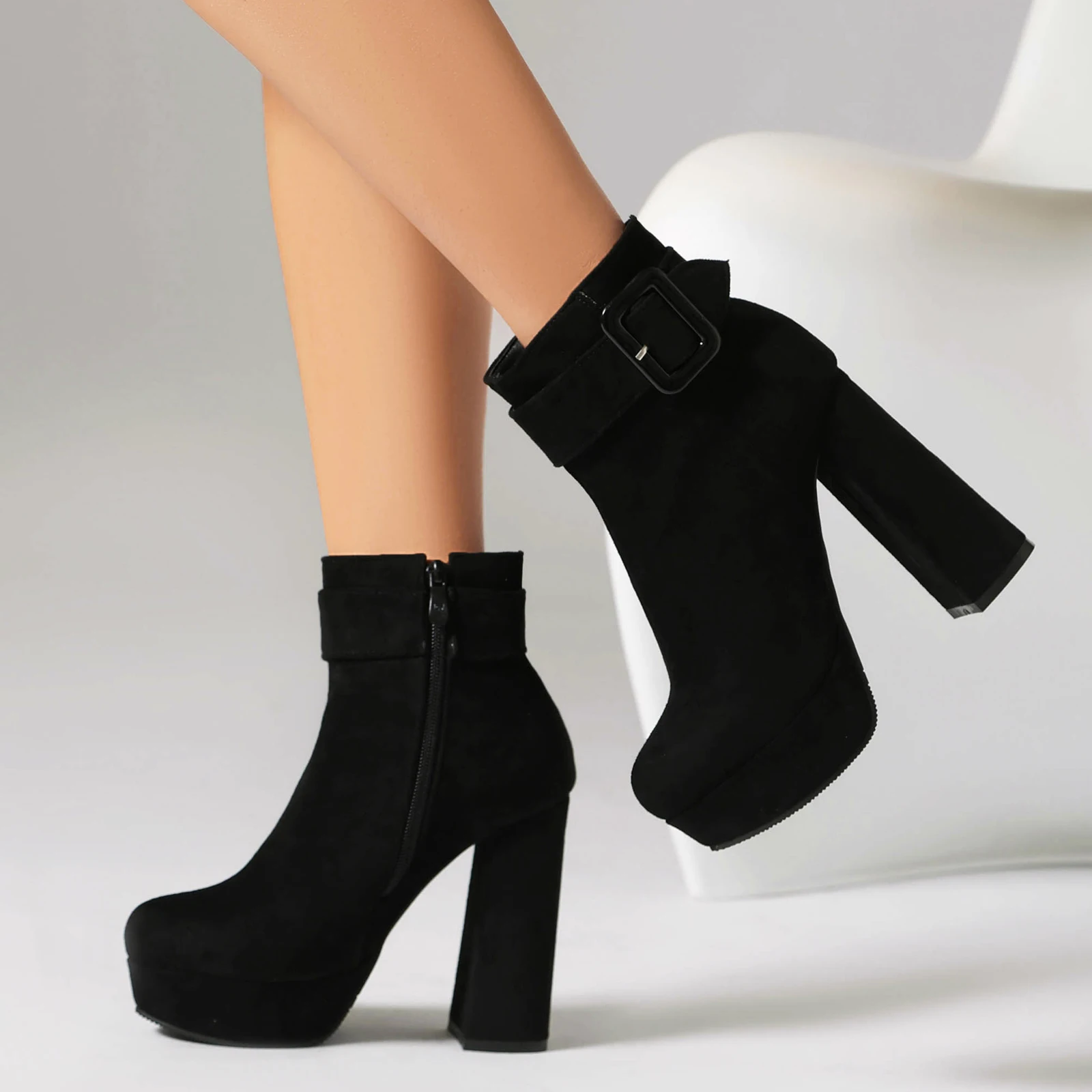 Women's Ankle Boots Red Black Flock Platform Shoes 2024 Autumn Winter Comfy Concise Block High Heels Footwear