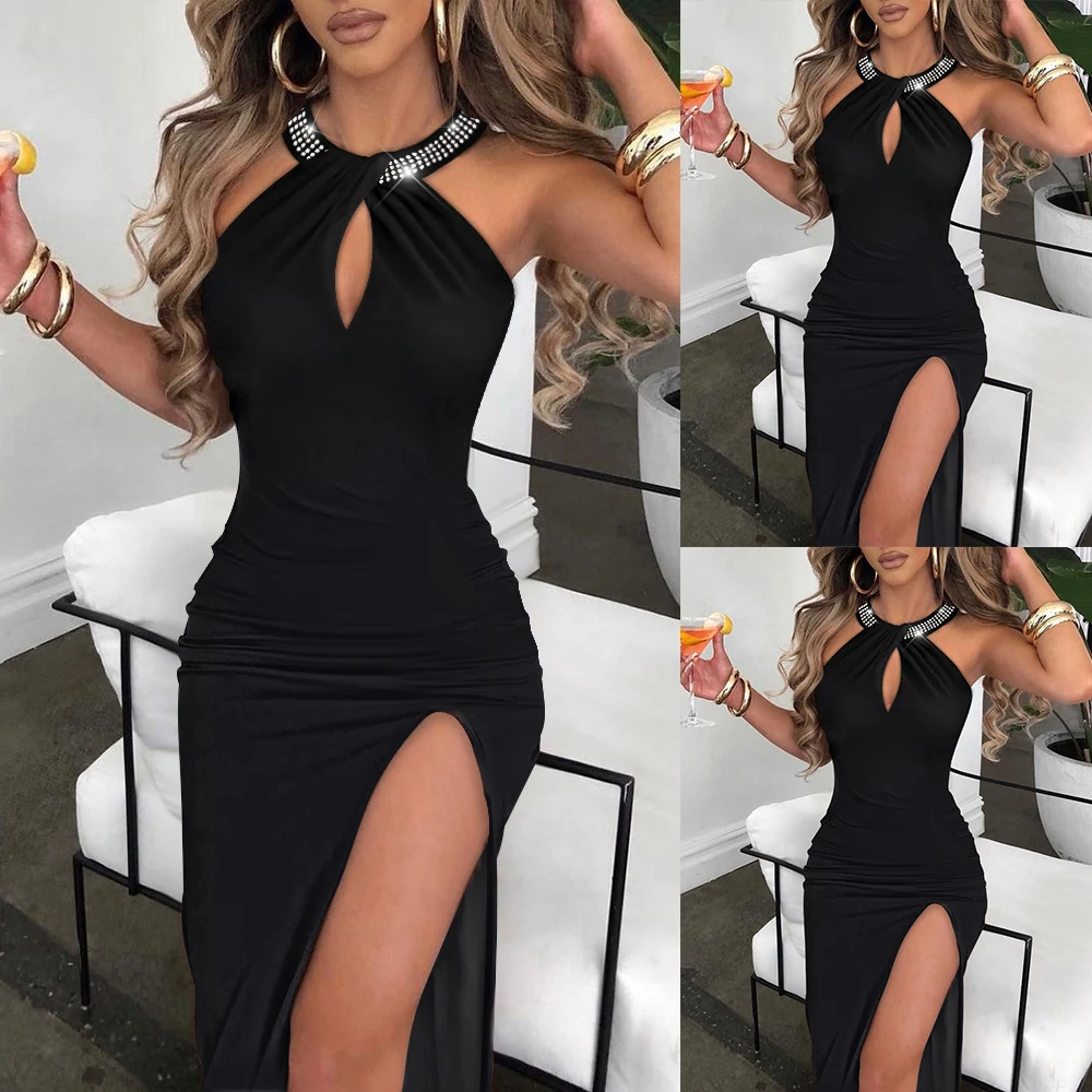 

Classic⭐Party Cocktail Womens Zip Sleeveless Diamonds Wrap Dress Halter Slit Party Gown Evening