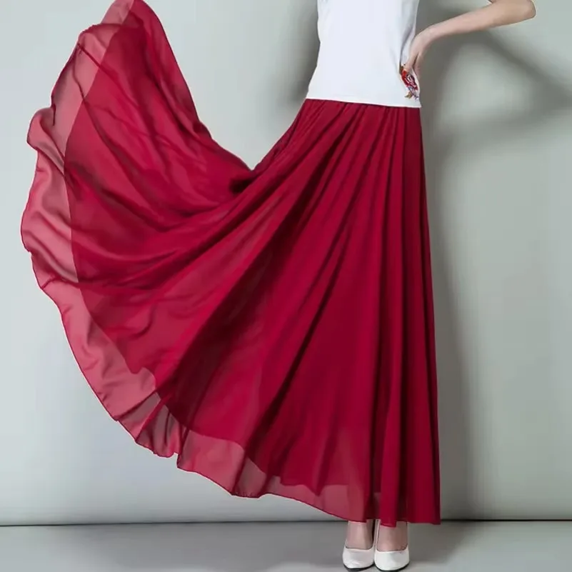 Women Summer Chiffon Dance Skirts Plus Size Full-Length Skirt High Waist Elegant Pink Black Red Royal Blue White Long Skirts 4