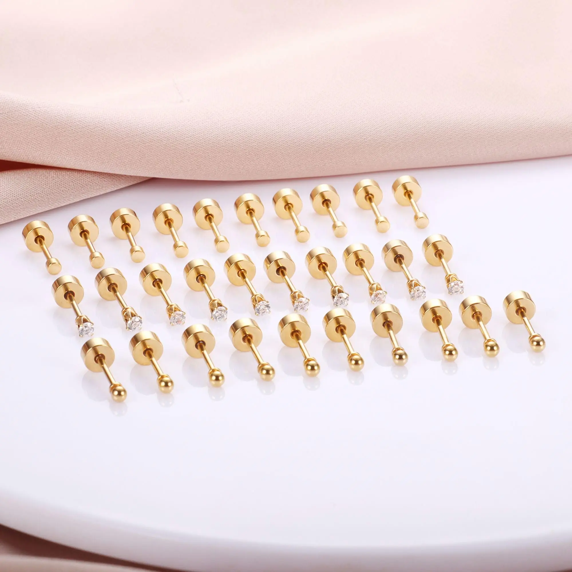 15 Pairs Tiny Surgical Steel Gold Stud Earrings, Comfortable Screw Back Flat Back Earrings with CZ Dot Ball Stones, 2mm, 20G 5