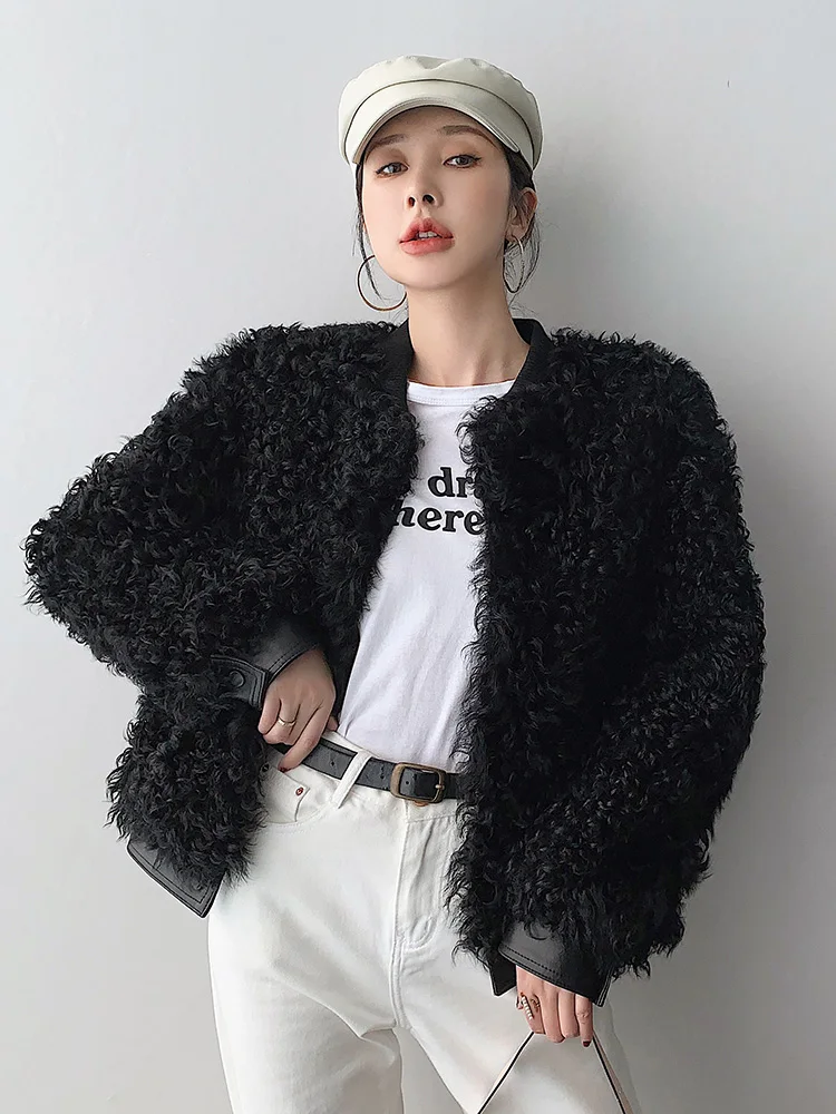 2022 Autumn And Winter New Baseball Uniform Casual Lambs Wool Fur Integration Coat Women&s Long Sleeve Jacket