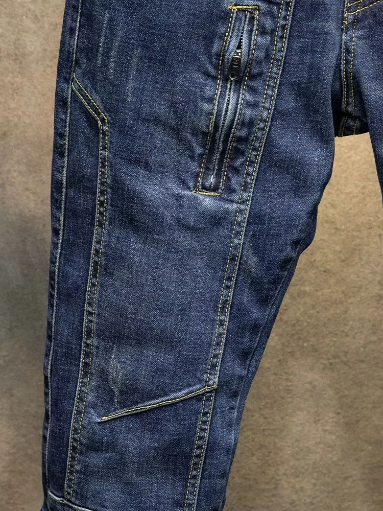 High Street Fashion Men Jeans Retro Blue Elastic Stretch Slim Fit Patched Ripped Jeans Men Zipper Pocket Designer Hip Hop Pants