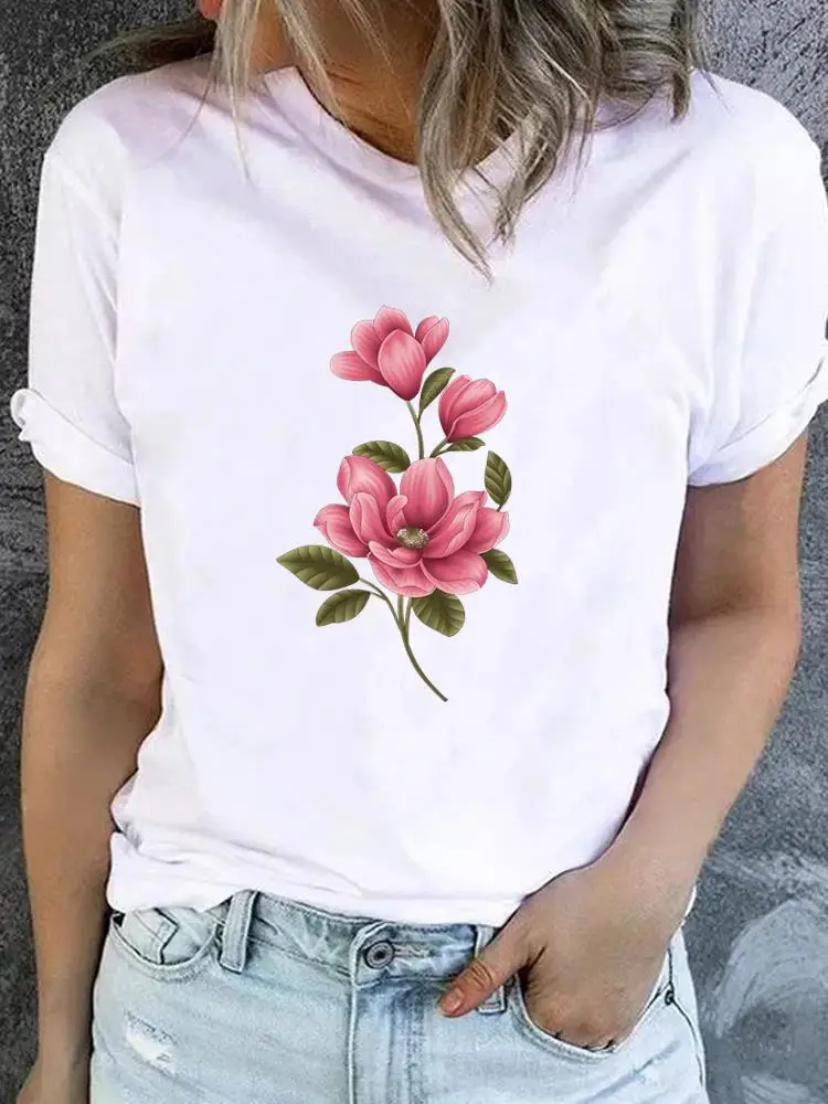 Flower Sweet Trend Cute 90s T-shirt Ladies Fashion Basic Women Graphic Short Sleeve Clothing Tee Top Clothes Print T Shirt