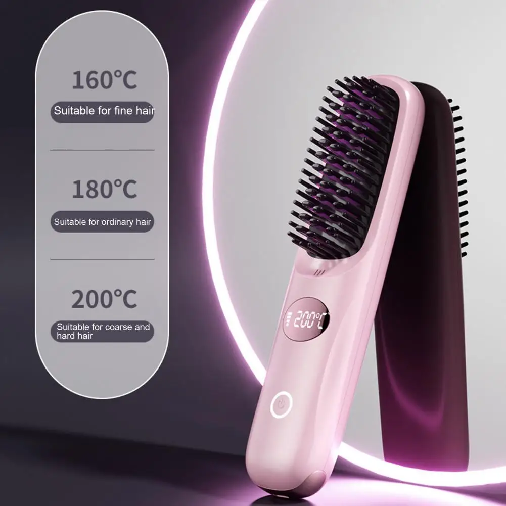 Cordless Hair Straightener Brush 3 Temp Adjustable LCD Display Portable Hot Brush Electric Curly Hair Styling Detangling Comb