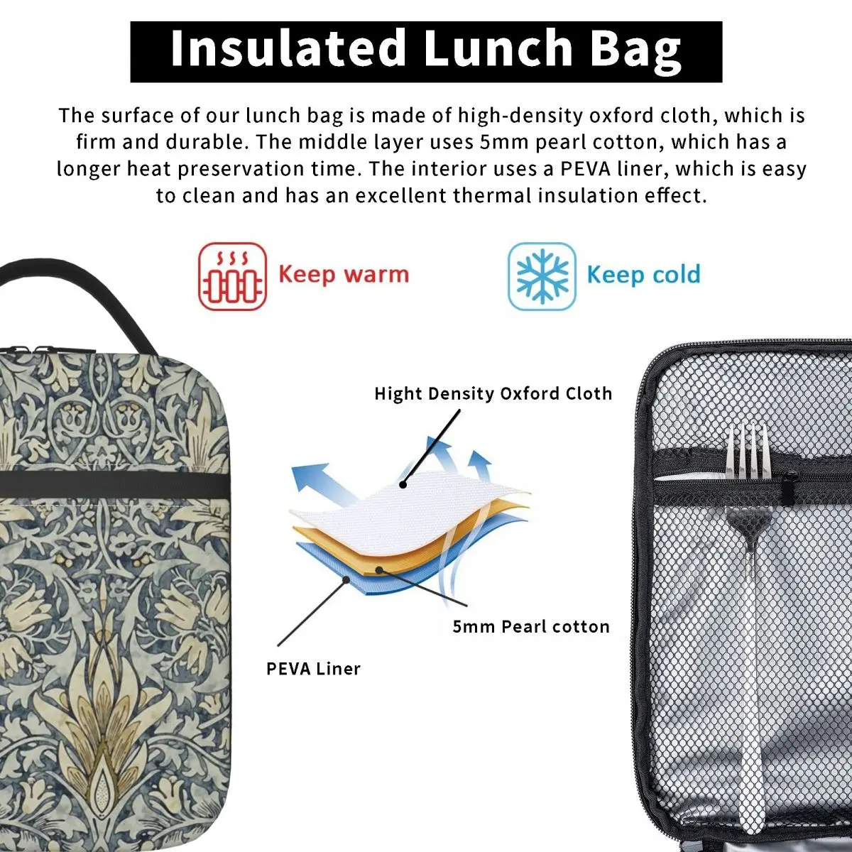 William Morris Snakeshead Pattern Thermal Insulated Lunch Bag Textile Resuable Lunch Tote for Kids School Multifunction Food Box
