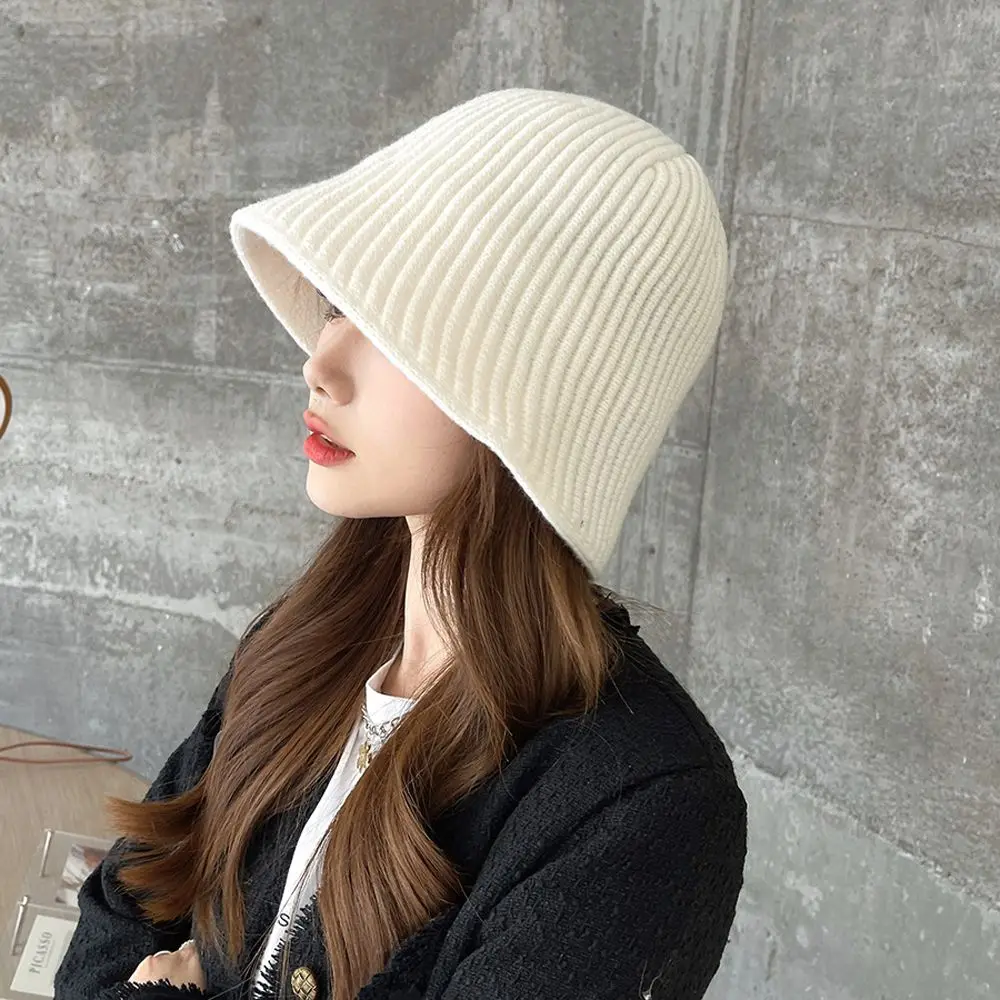

Casual Windproof Ear Protection Warm Solid Color Bucket Hat Korean Style Beanies Knitted Hat Women Hat