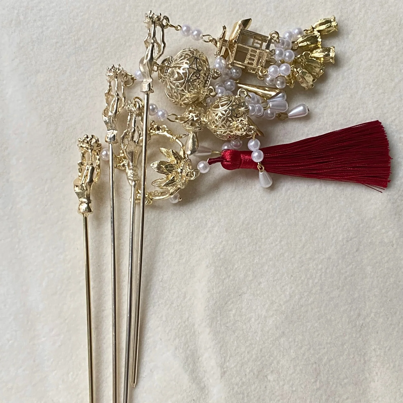 1PC Chinese New Year Hair Pin Set,Gold Pearl Red Tassel Hair Accessories,Traditional Oriental Hair Ornaments, Festive CNY Hanfu
