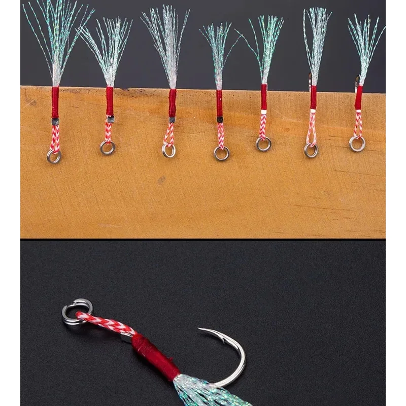 100-20pcs Slow Jigging Fishing Cast Jigs Assist Hook Barbed Single Jig Hooks Thread Feather Pesca High Carbon Steel Fishing Lure